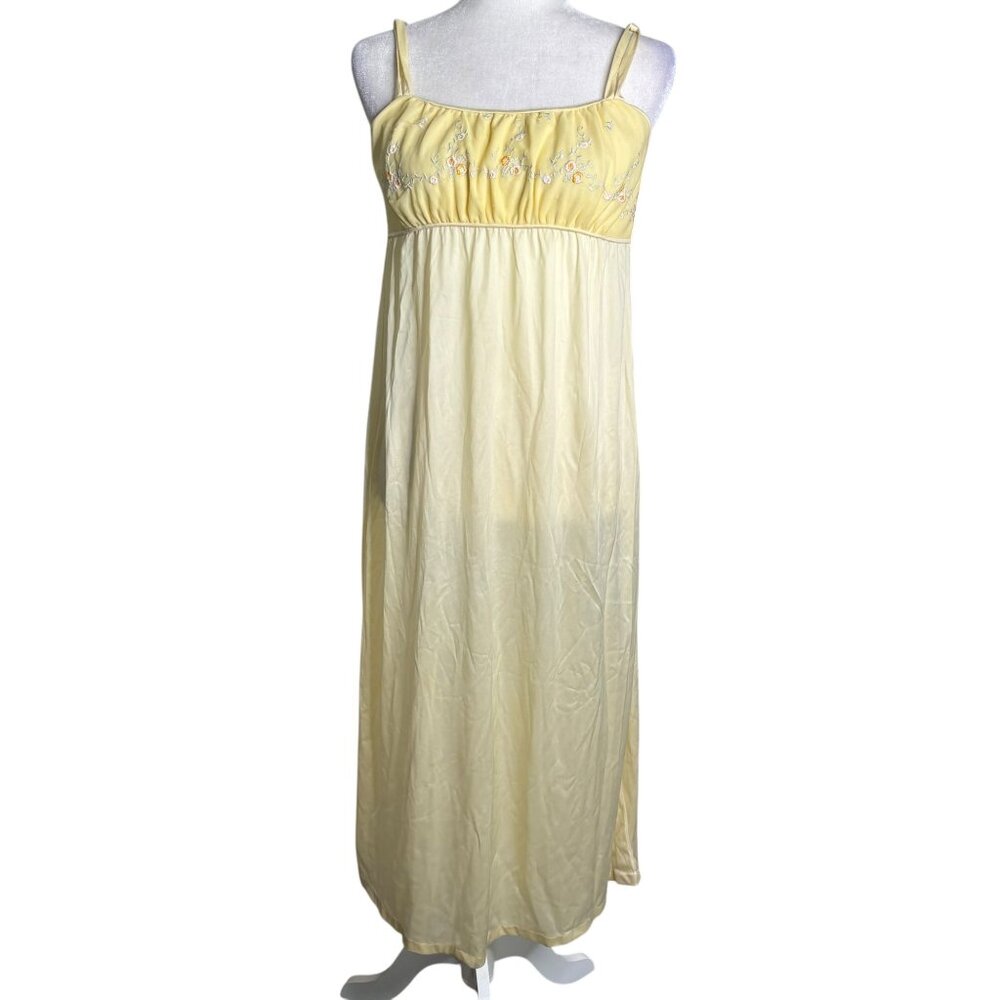 Vintage 80s Yellow Floral Embroidered Nightgown Size Small Empire Waist Sheer